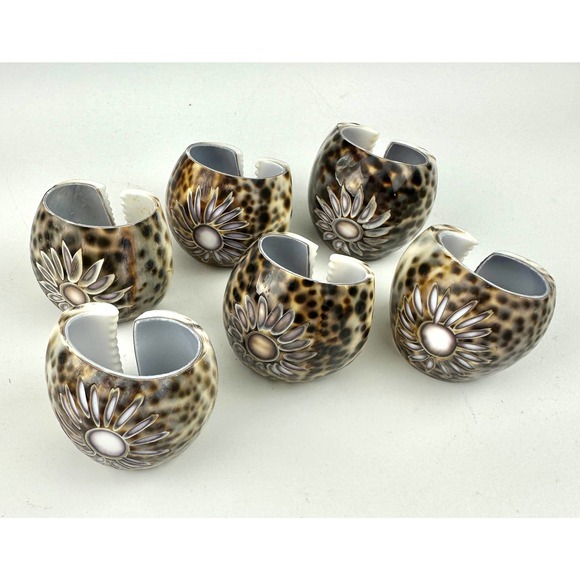 Boho Chic Cowrie Shell Napkin Rings - Set of 6 | Embroidered Ivory Napkin set - Picture 5 of 14